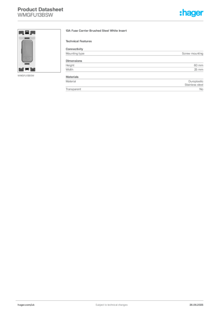 Image Hager Product data sheet WMGFU13BSW  | Hager