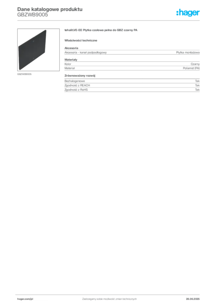 Zdjęcie Hager Karta katalogowa GBZWB9005 | Hager Polska