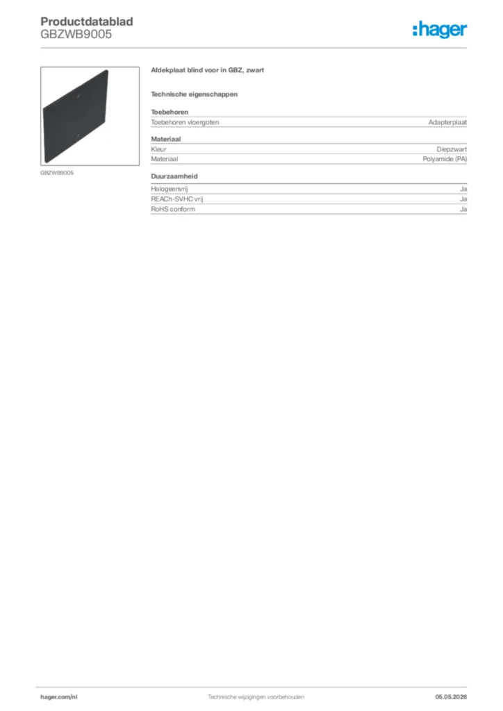 Afbeelding Hager Productdatablad GBZWB9005 | Hager Nederland