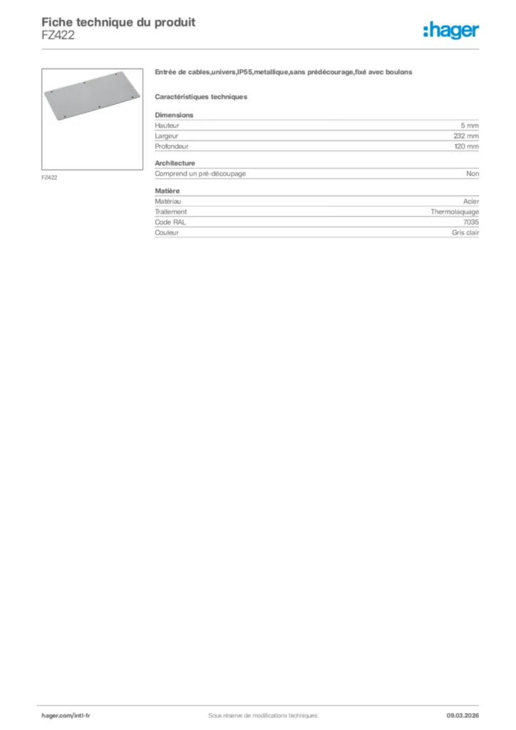Image Hager Fiche technique du produit FZ422 | Hager Afrique