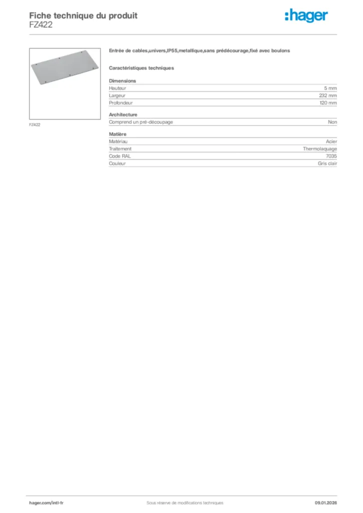 Image Hager Fiche technique du produit FZ422 | Hager Afrique