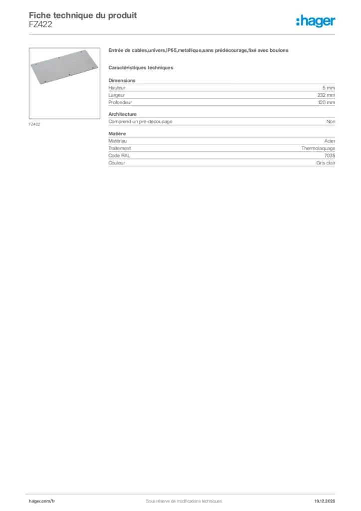 Image Hager Fiche technique du produit FZ422 | Hager France