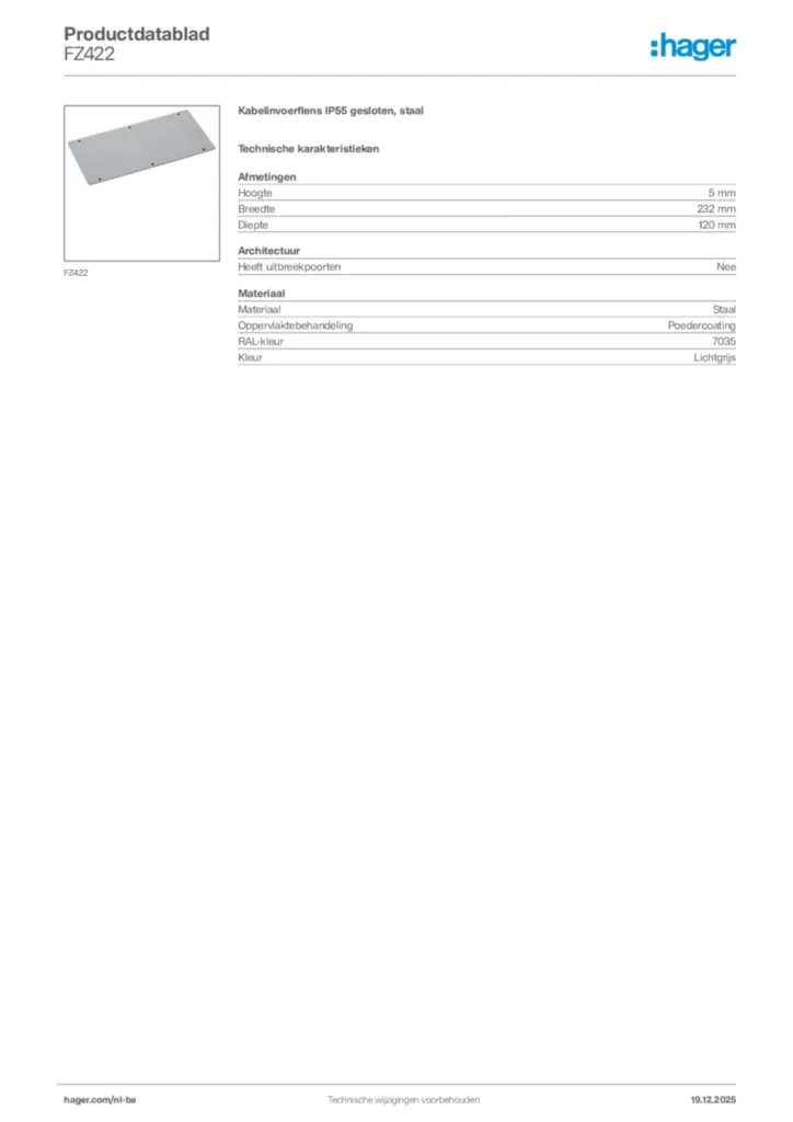 Afbeelding Hager Productdatablad FZ422 | Hager Belgium