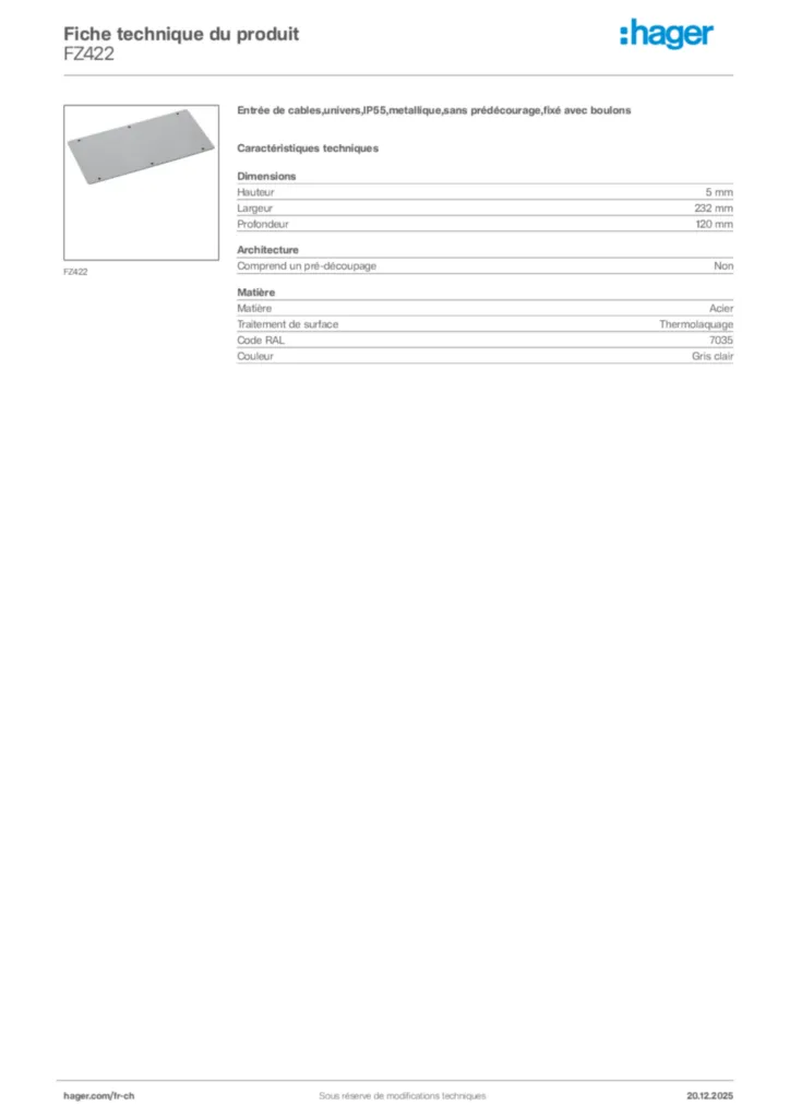Image Hager Fiche technique du produit FZ422 | Hager Suisse
