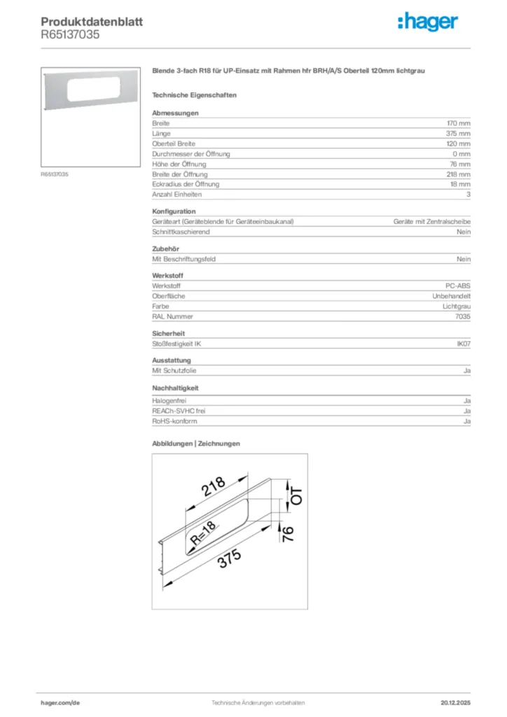 Bild Hager Produktdatenblatt R65137035 | Hager Deutschland