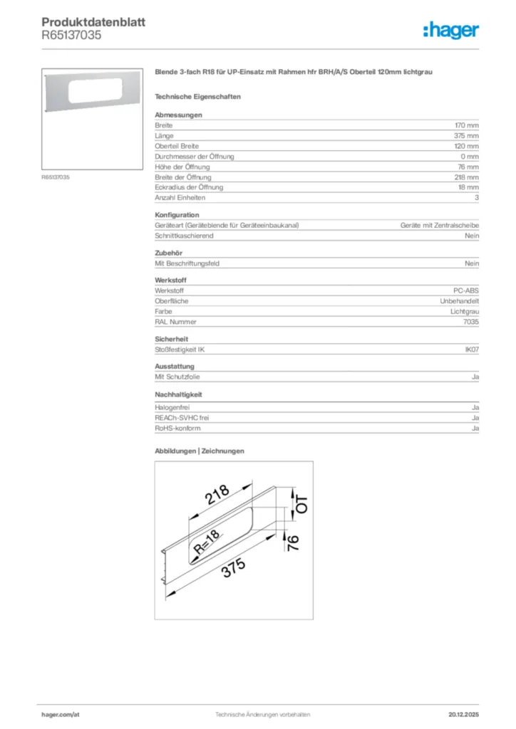 Bild Hager Produktdatenblatt R65137035 | Hager Deutschland