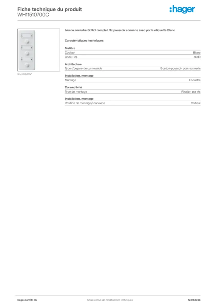 Image Hager Fiche technique du produit WH11510700C | Hager Suisse
