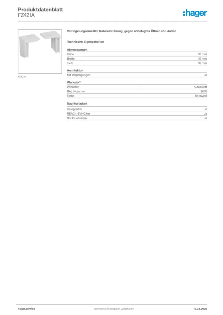 Bild Hager Produktdatenblatt FZ421A | Hager Deutschland