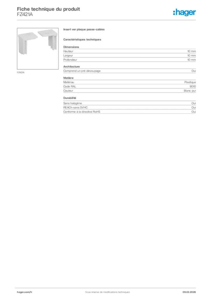 Image Hager Fiche technique du produit FZ421A | Hager France