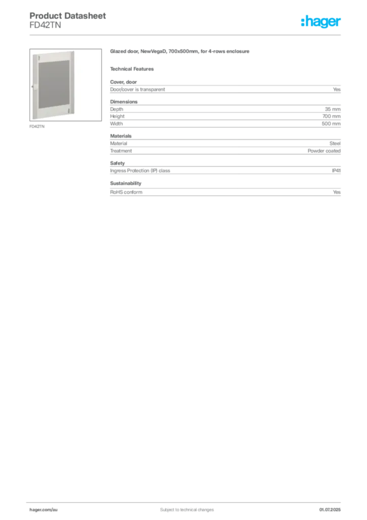 Image Hager Product data sheet FD42TN  | Hager Australia