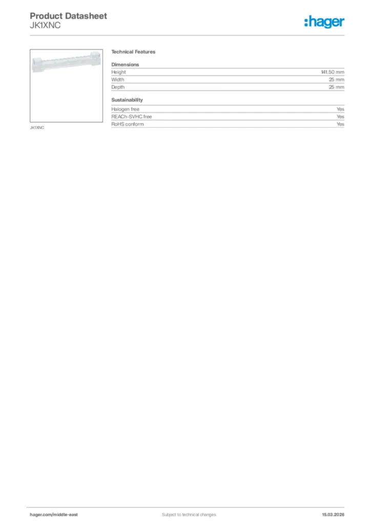 Image Hager Product data sheet JK1XNC  | Hager