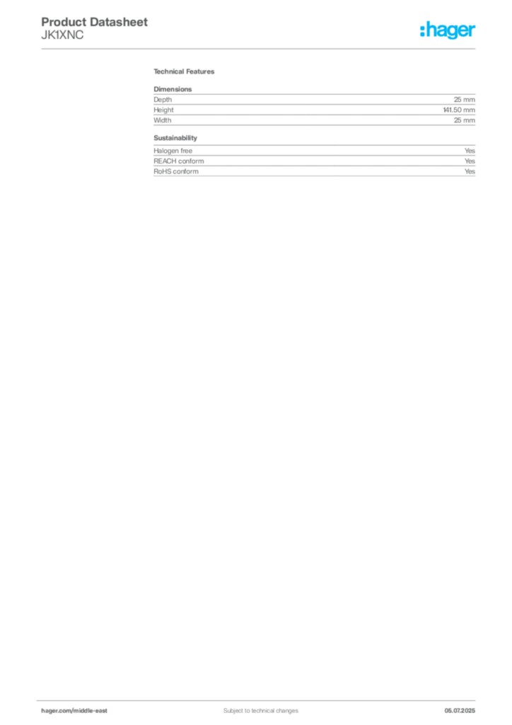 Image Hager Product data sheet JK1XNC  | Hager