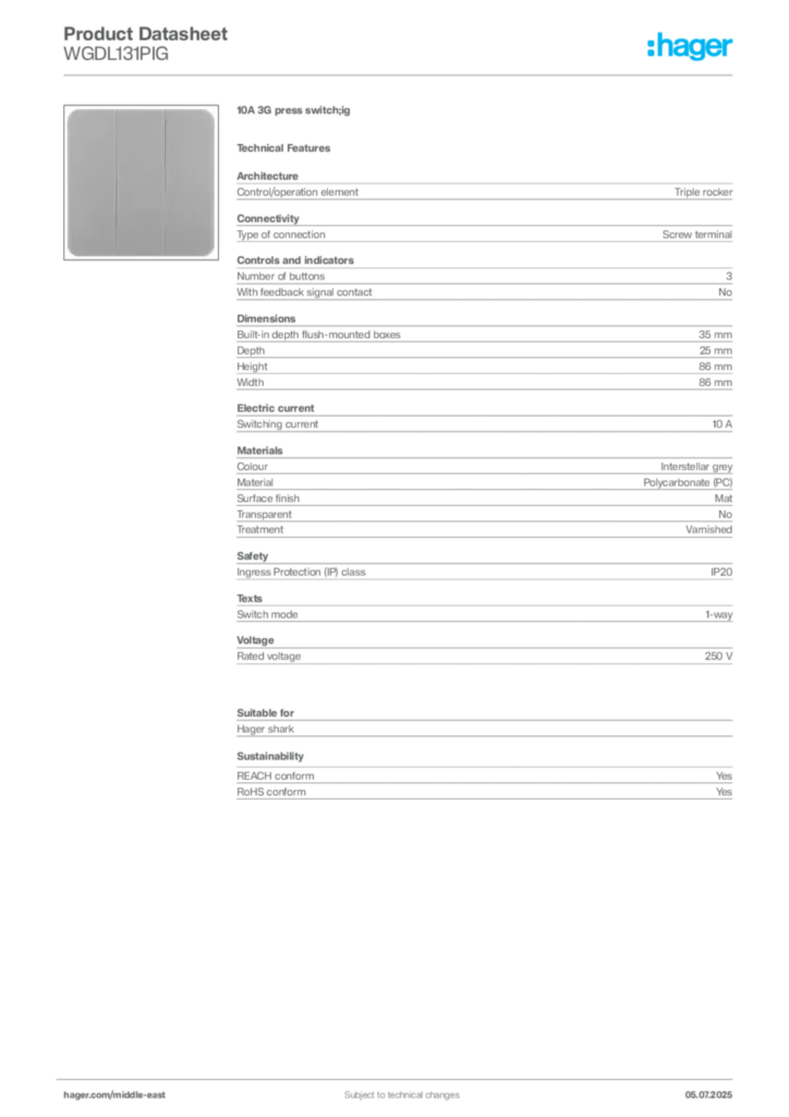 Image Hager Product data sheet WGDL131PIG  | Hager