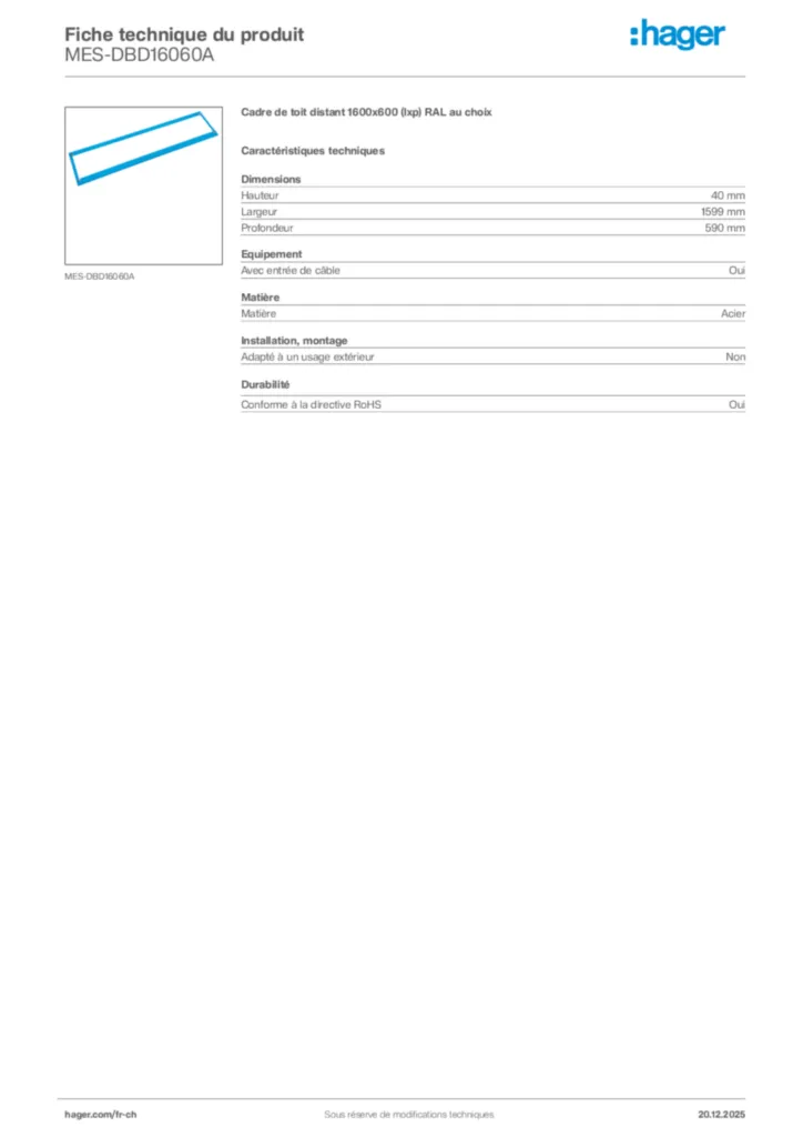 Image Hager Fiche technique du produit MES-DBD16060A | Hager Suisse