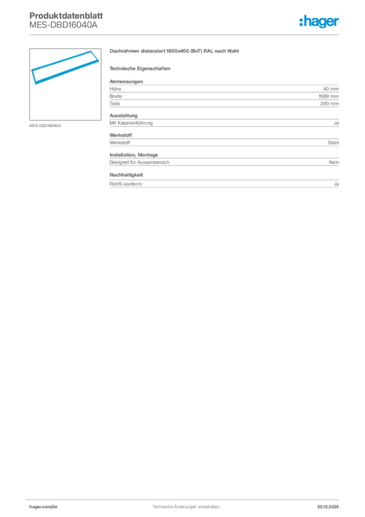 Bild Hager Produktdatenblatt MES-DBD16040A | Hager Deutschland