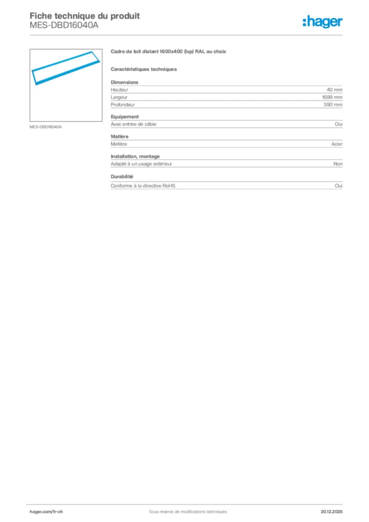Image Hager Fiche technique du produit MES-DBD16040A | Hager Suisse