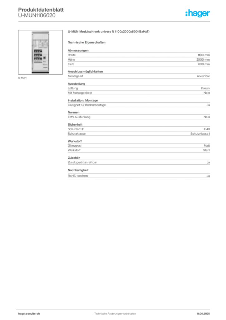 Bild Hager Produktdatenblatt U-MUN1106020 | Hager Schweiz