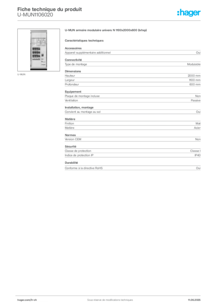 Image Hager Fiche technique du produit U-MUN1106020 | Hager Suisse