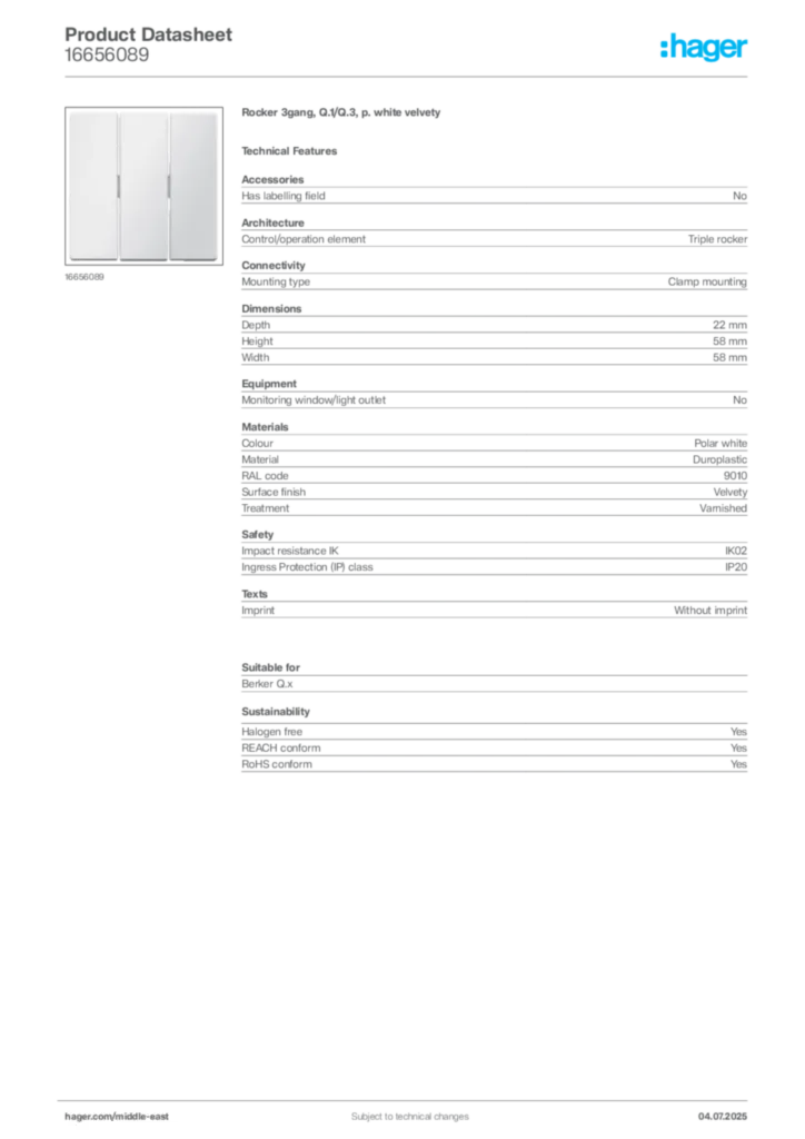 Image Hager Product data sheet 16656089  | Hager