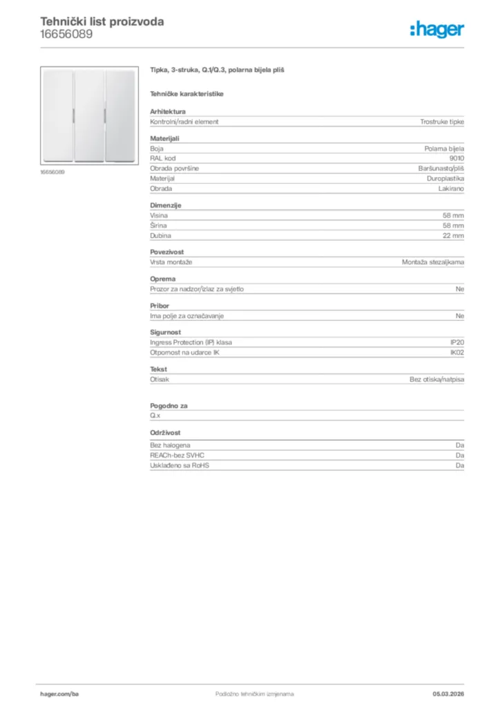 Slika Hager Tehnički list proizvoda 16656089  | Hager