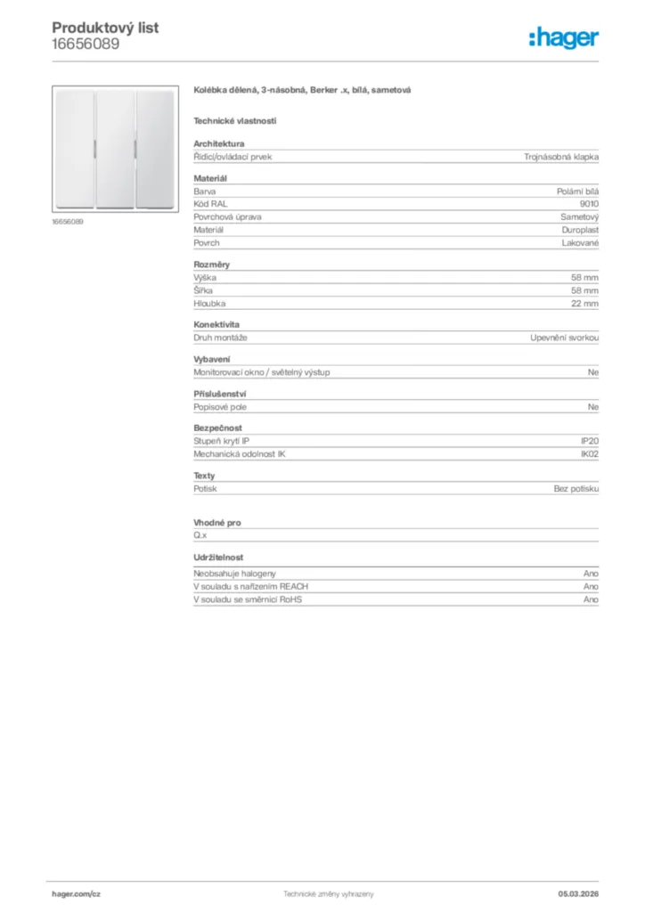 Obrázek Hager Product data sheet 16656089 | Hager