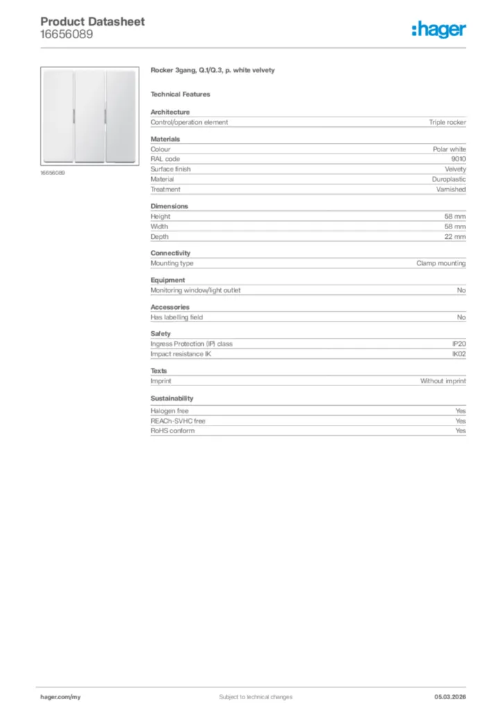 Image Hager Product data sheet 16656089  | Hager