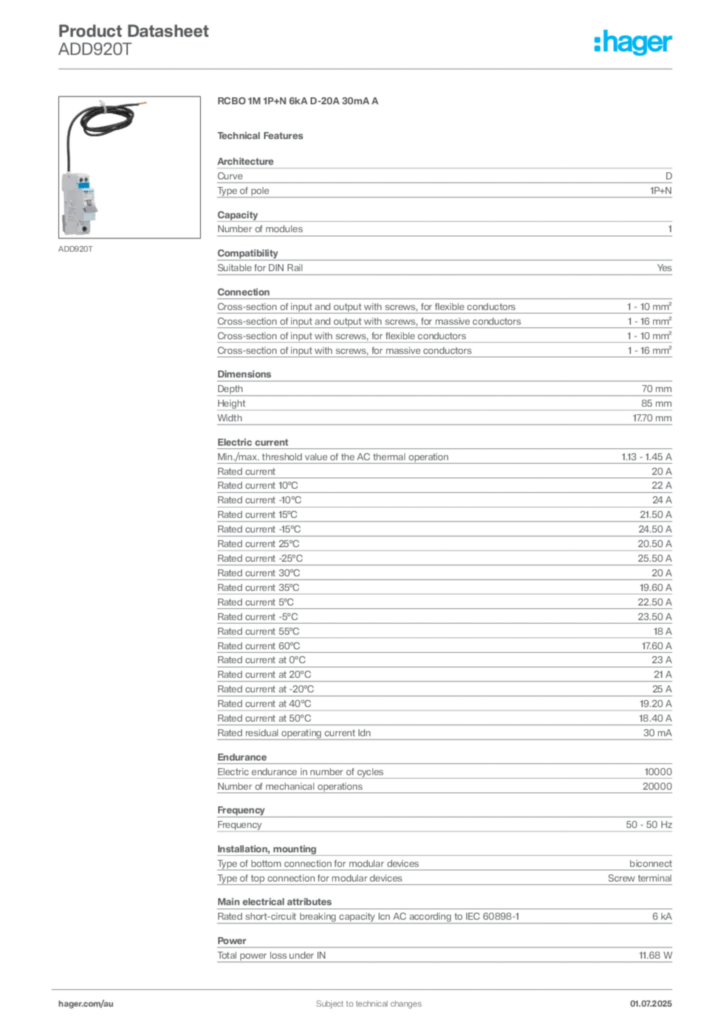 Image Hager Product data sheet ADD920T  | Hager Australia