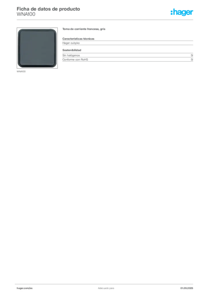 Imagen Hager Ficha de datos de producto WNA100 | Hager España
