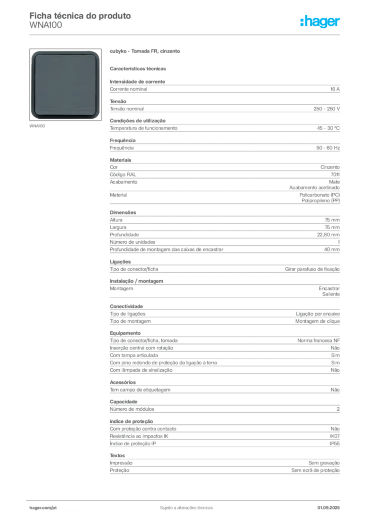 Imagem Hager Ficha técnica do produto WNA100 | Hager Portugal