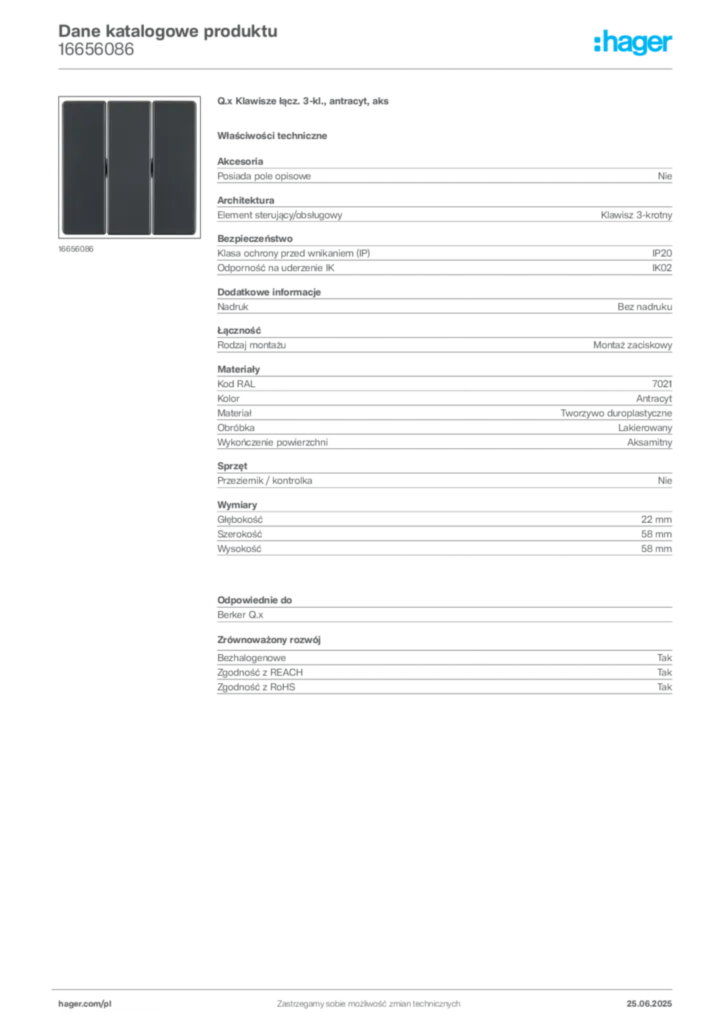 Zdjęcie Hager Karta katalogowa 16656086 | Hager Polska