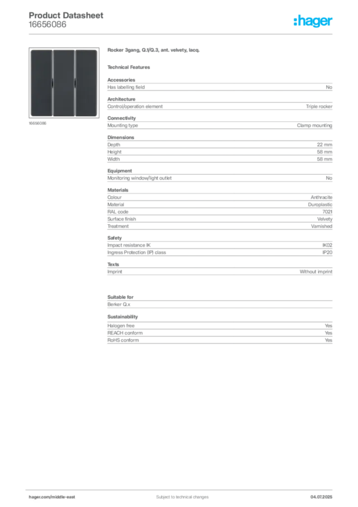 Image Hager Product data sheet 16656086  | Hager