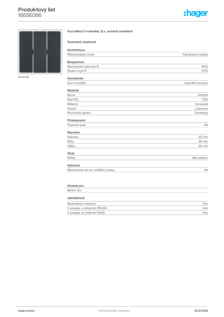 Obrázek Hager Produktový list 16656086 | Hager