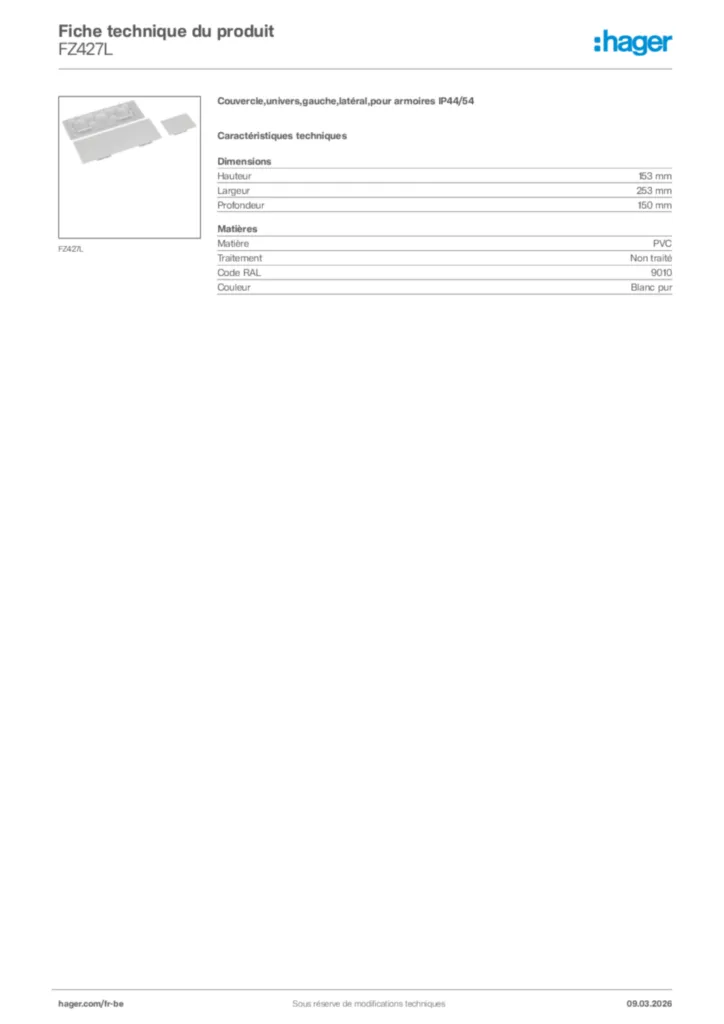 Image Hager Fiche technique du produit FZ427L | Hager Belgique