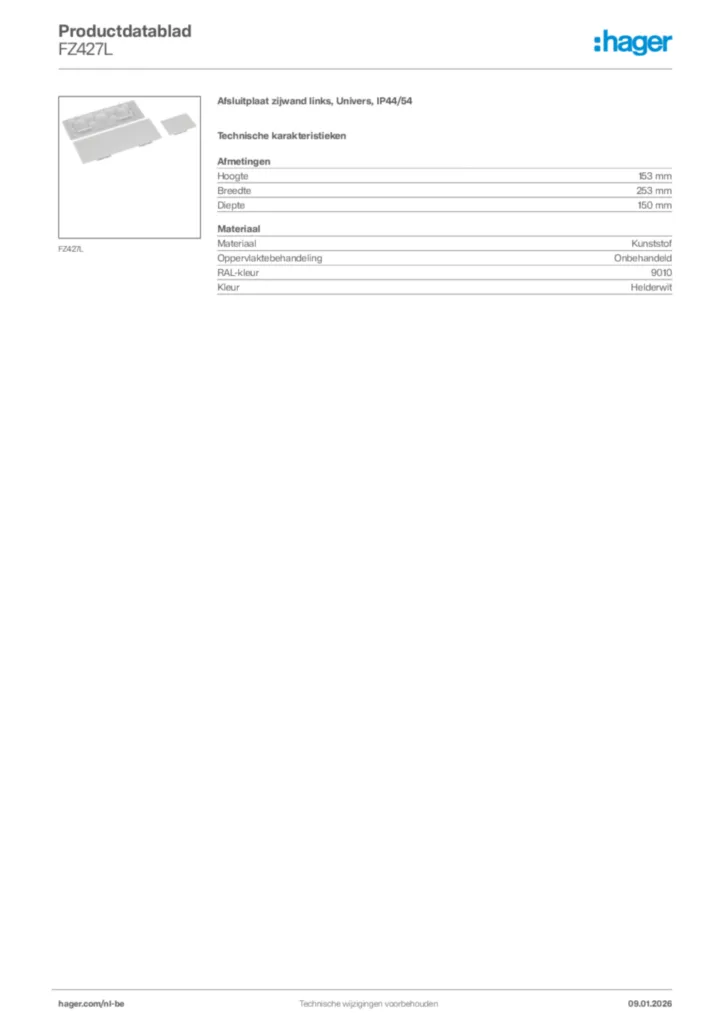 Afbeelding Hager Productdatablad FZ427L | Hager Belgium