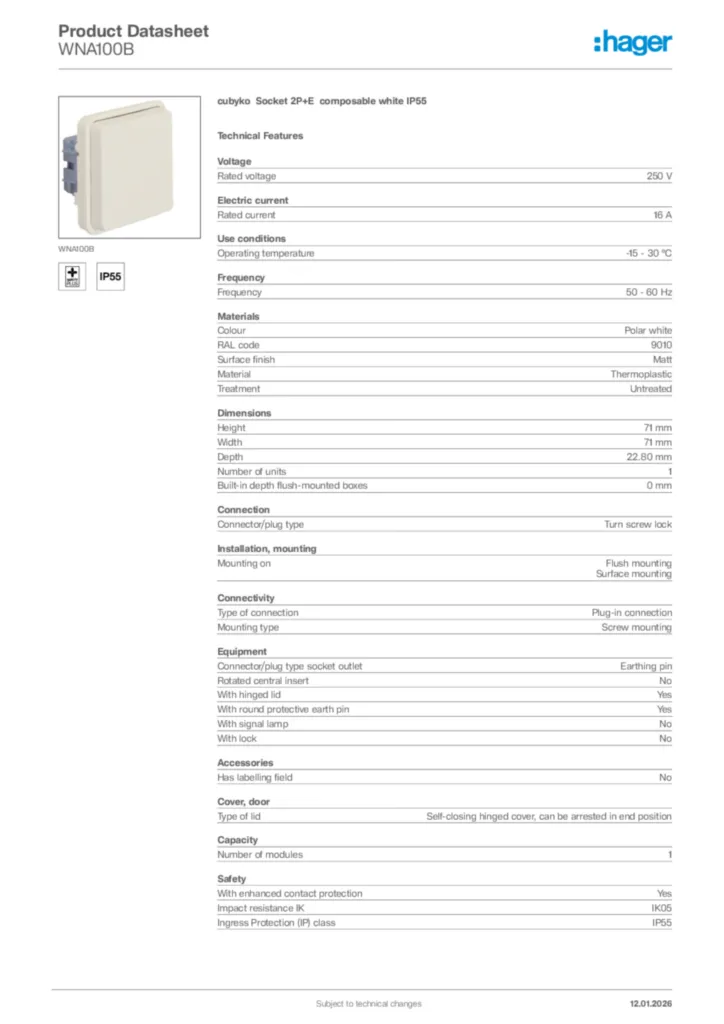 Image Hager Product data sheet WNA100B  | Hager Africa