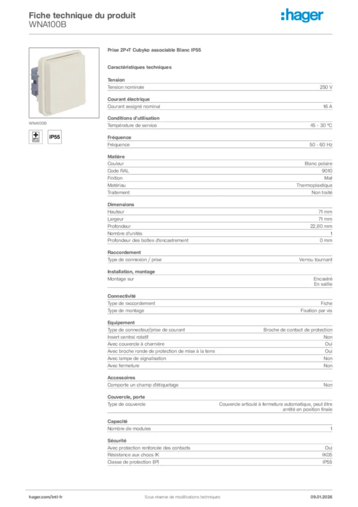 Image Hager Fiche technique du produit WNA100B | Hager Afrique