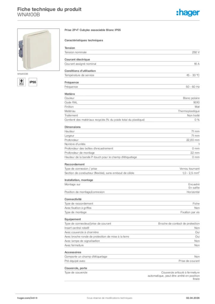 Image Hager Fiche technique du produit WNA100B | Hager Afrique