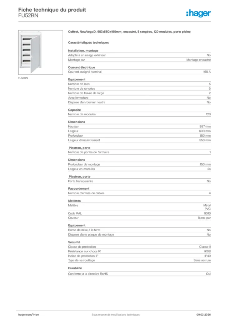Image Hager Fiche technique du produit FU52BN | Hager Belgique