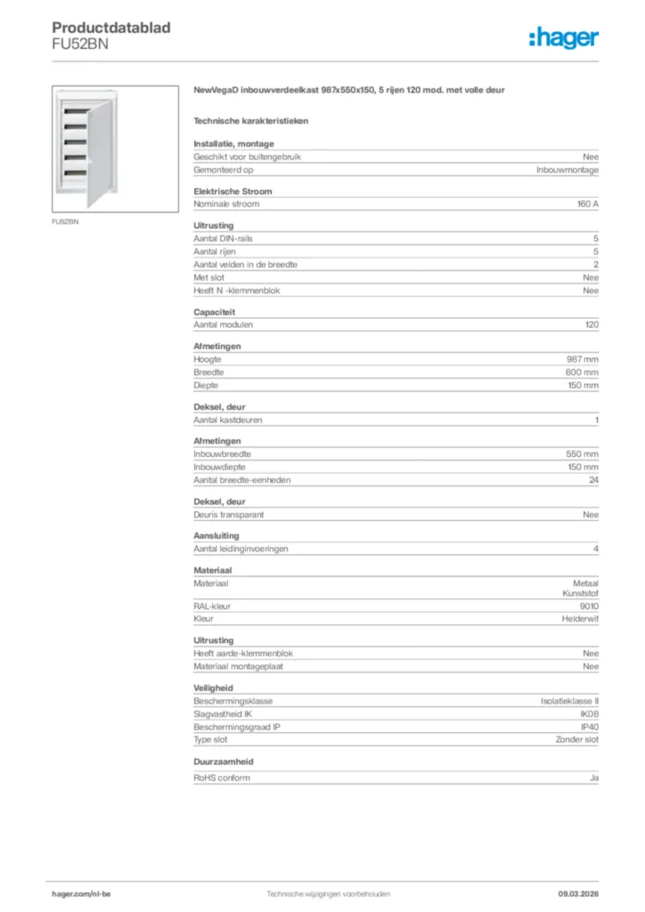Afbeelding Hager Productdatablad FU52BN | Hager Belgium