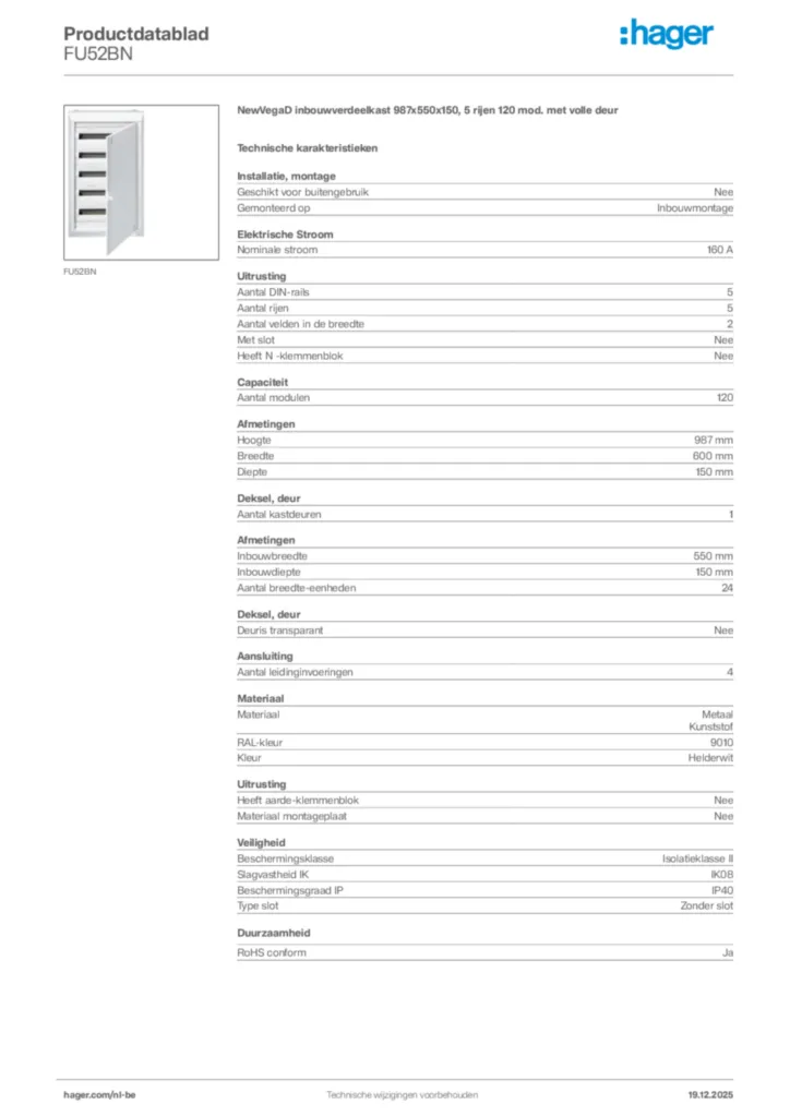 Afbeelding Hager Productdatablad FU52BN | Hager Belgium