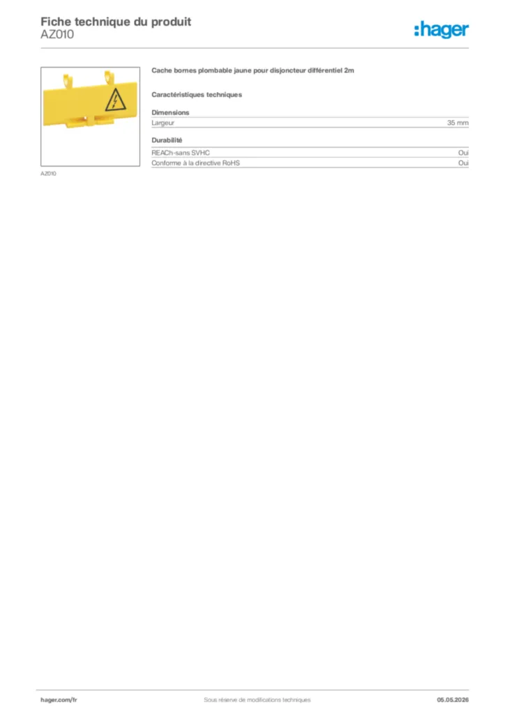 Image Hager Fiche technique du produit AZ010 | Hager France