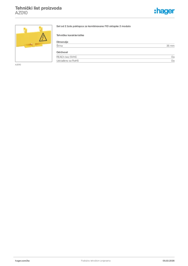 Slika Hager Tehnički list proizvoda AZ010  | Hager