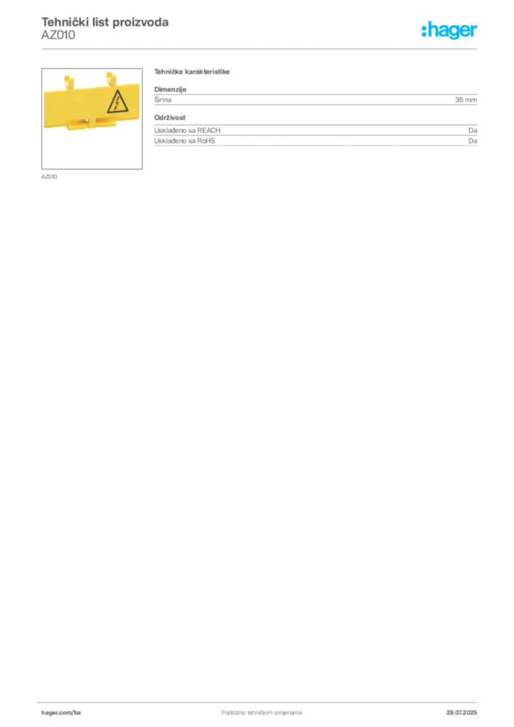 Slika Hager Product data sheet AZ010  | Hager