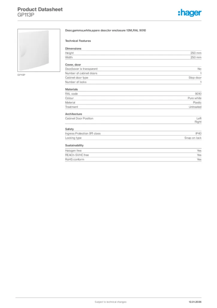 Image Hager Product data sheet GP113P  | Hager Africa