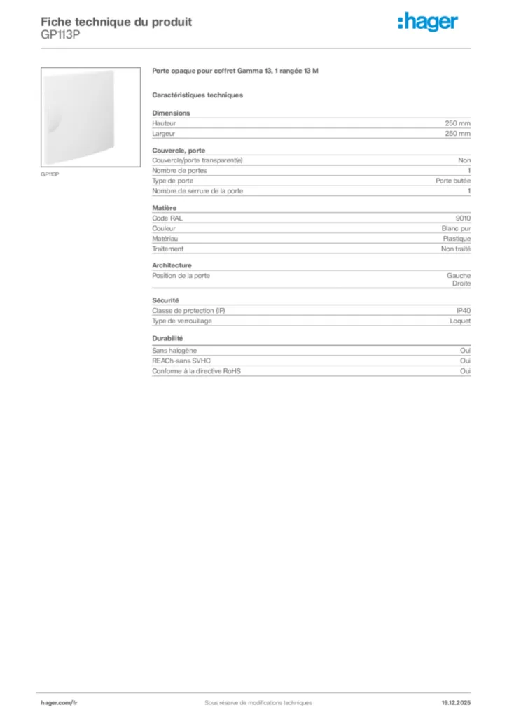 Image Hager Fiche technique du produit GP113P | Hager France