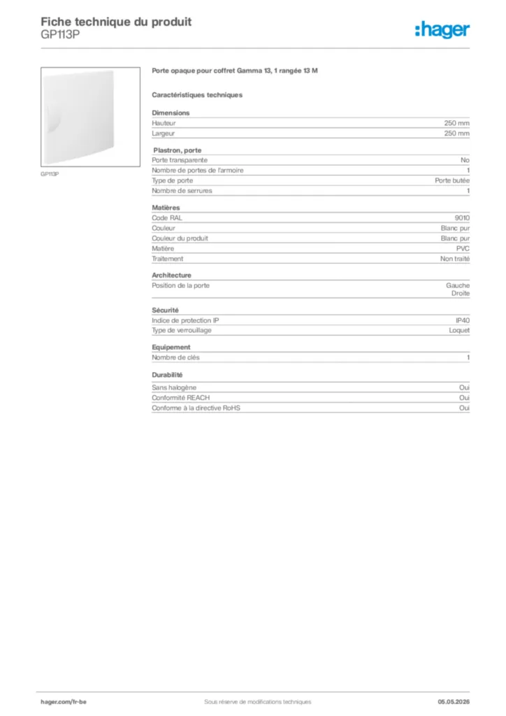 Image Hager Fiche technique du produit GP113P | Hager Belgique