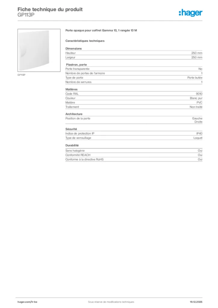 Image Hager Fiche technique du produit GP113P | Hager Belgique