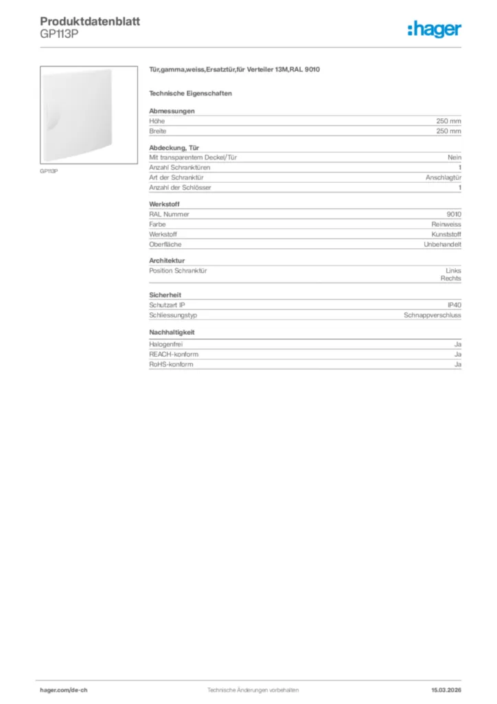 Bild Hager Produktdatenblatt GP113P | Hager Schweiz