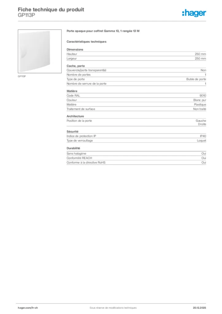 Image Hager Fiche technique du produit GP113P | Hager Suisse