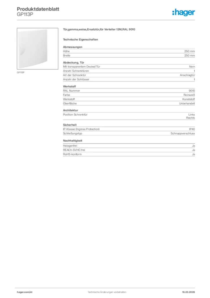Bild Hager Produktdatenblatt GP113P | Hager Deutschland